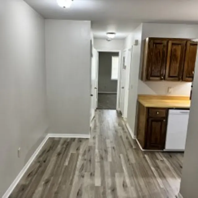 A view of a modern apartment's interior showing a hallway and kitchen area. The floor is made of light-colored wood, and the kitchen has wooden cabinets, a white dishwasher, and a countertop. The walls are painted light gray, and natural light is coming from a window.