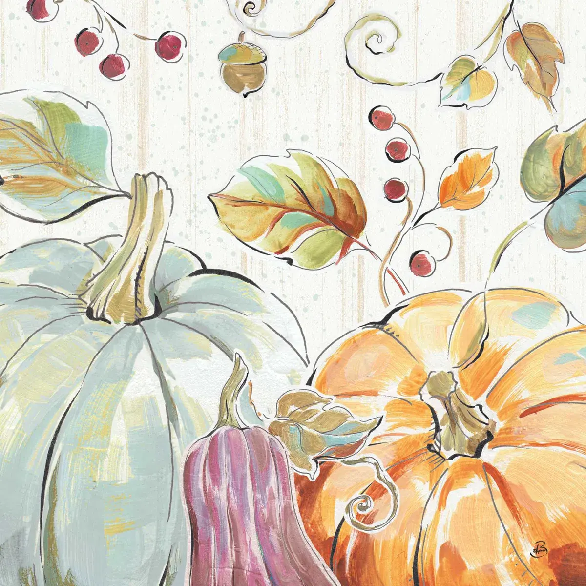 A decorative illustration featuring three pumpkins in various colors (green, orange, and purple) surrounded by whimsical leaves, acorns, and berries on a light wooden background.