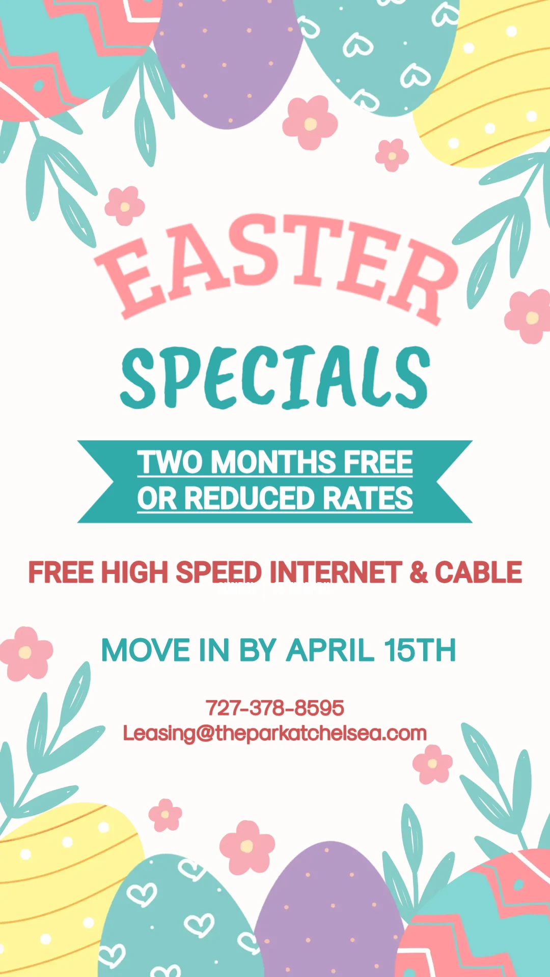 A promotional flyer for Easter specials featuring colorful decorated eggs, flowers, and text announcing special offers.