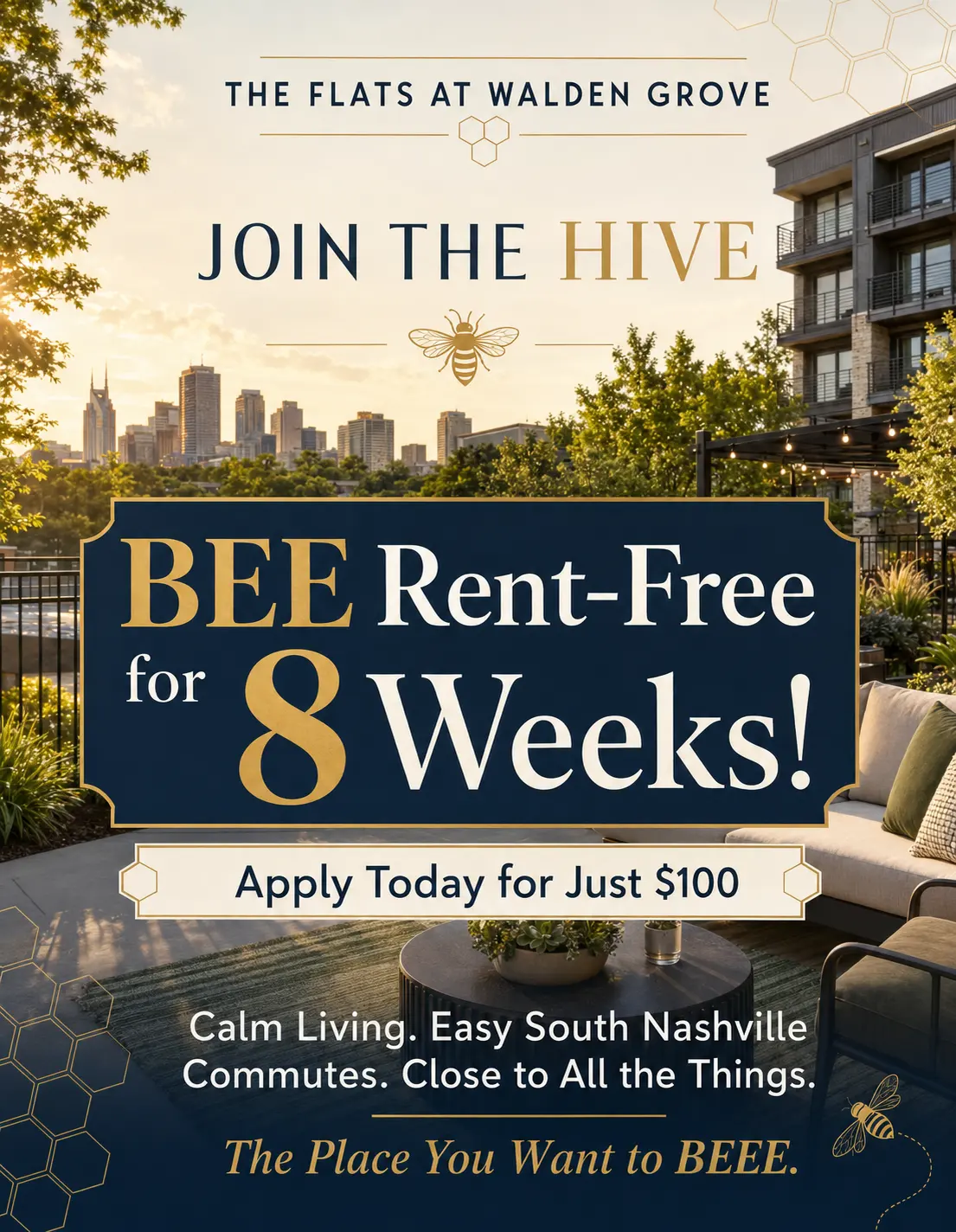 Promotional poster for The Flats at Walden Grove, advertising rent-free living for 8 weeks.