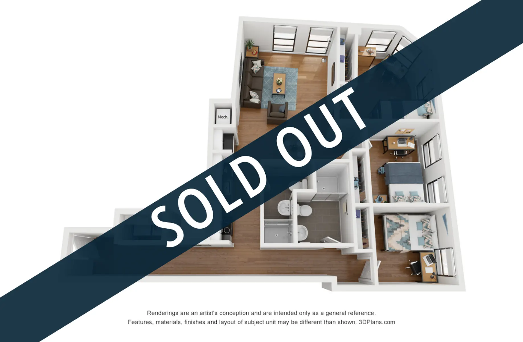 A 3D floor plan of an apartment layout with a bold overlay stating 'SOLD OUT'.