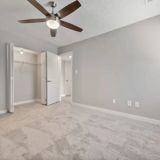 Bright, empty room with beige carpet, a ceiling fan, and open closets against light gray walls. Natural light through the window.