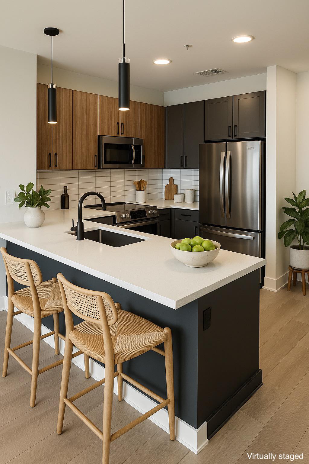 Contemporary Kitchen Interior A modern kitchen featuring dark and light cabinetry, stainless steel appliances, and a white countertop with a bowl of green apples. Two rattan bar stools are positioned at the counter, with some indoor plants in the background, enhancing the bright and airy atmosphere.