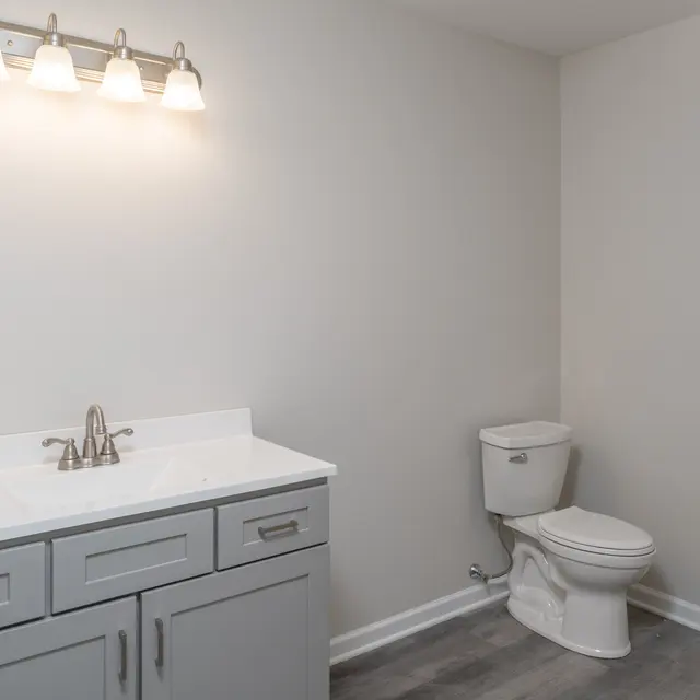 A modern bathroom featuring a double sink vanity with grey cabinets, a white countertop, and a large mirror. There's a toilet next to the vanity on a neutral-toned floor.