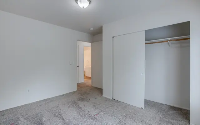 An empty room featuring light-colored walls, beige carpet, and an open closet with sliding doors. A door to the side leads to another room, and there is a ceiling light fixture.