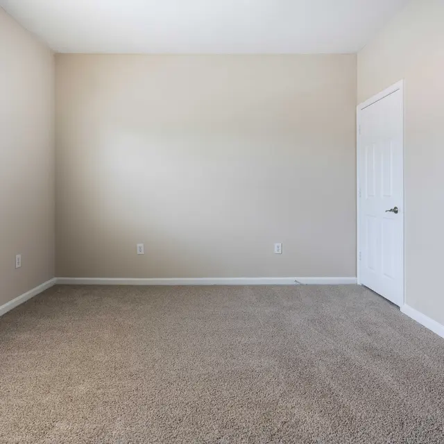 A spacious empty room featuring light beige walls, a carpeted floor in a neutral tone, and a window allowing natural light to enter. There is a closed white door on the right side of the image.