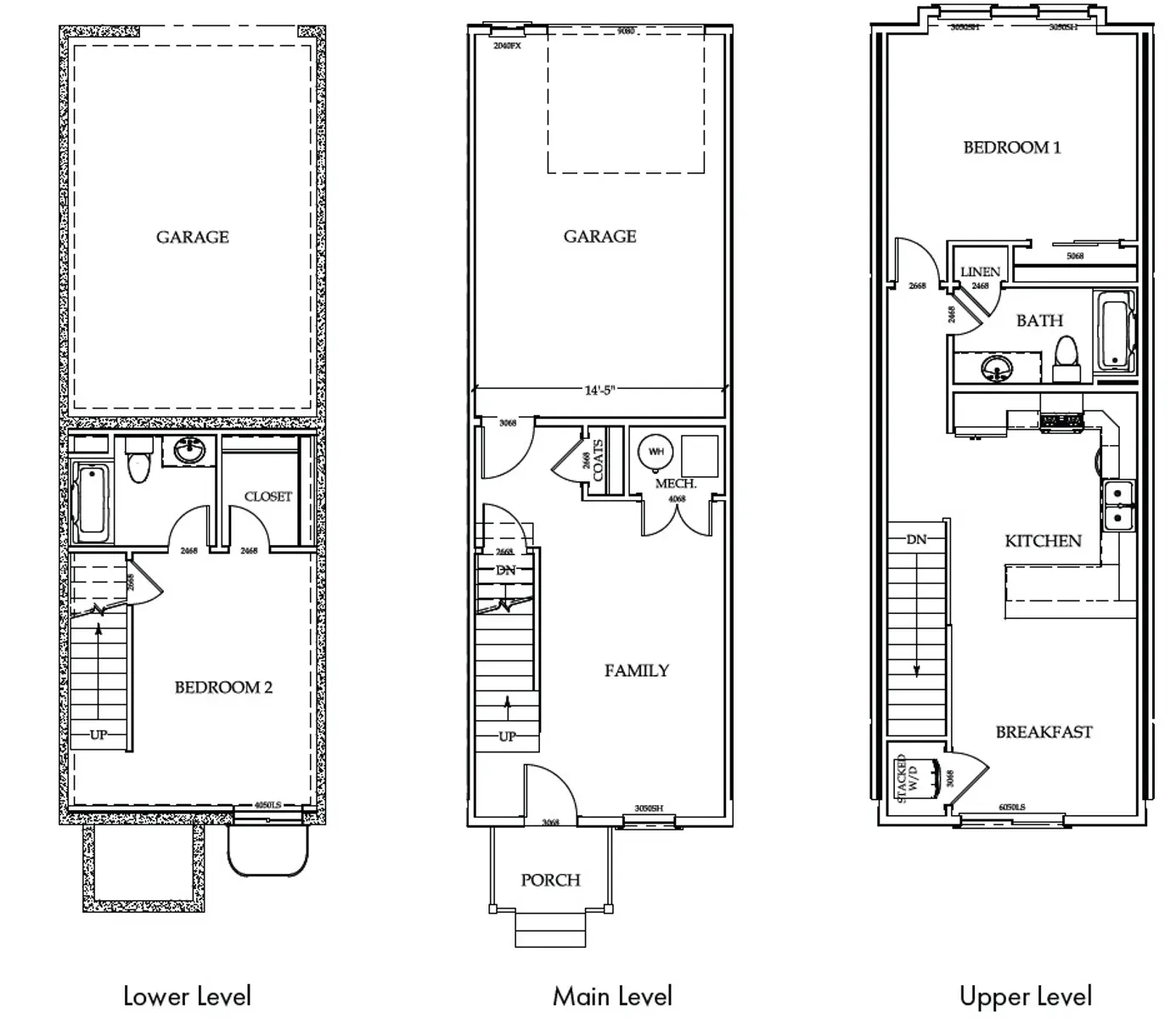 Three-Level House Floor Plan Floor plan of a three-level house showing different levels: lower, main, and upper levels, with labeled areas such as bedrooms, garage, kitchen, and family room.