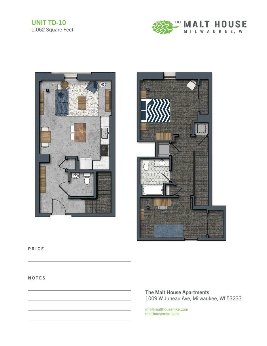 Floor plan of a two-bedroom apartment layout at The Malt House Apartments, showing living areas, bedrooms, and kitchen.