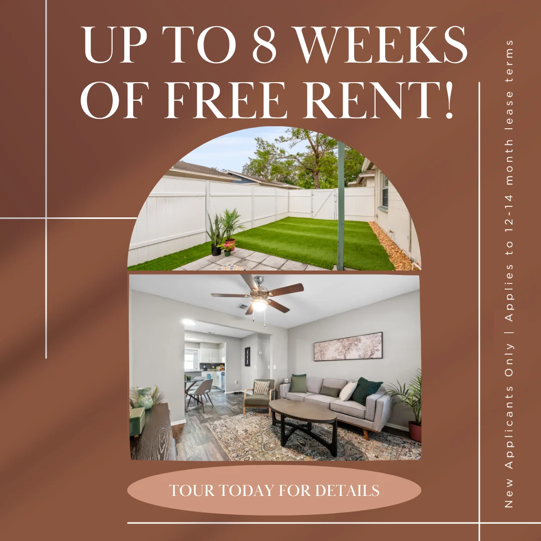 Promotional image advertising up to 8 weeks of free rent, featuring an outdoor area and a living room setup.