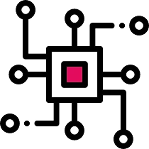 An abstract illustration of a circuit design featuring a central square with a red square in the middle, connected by lines to various round nodes.