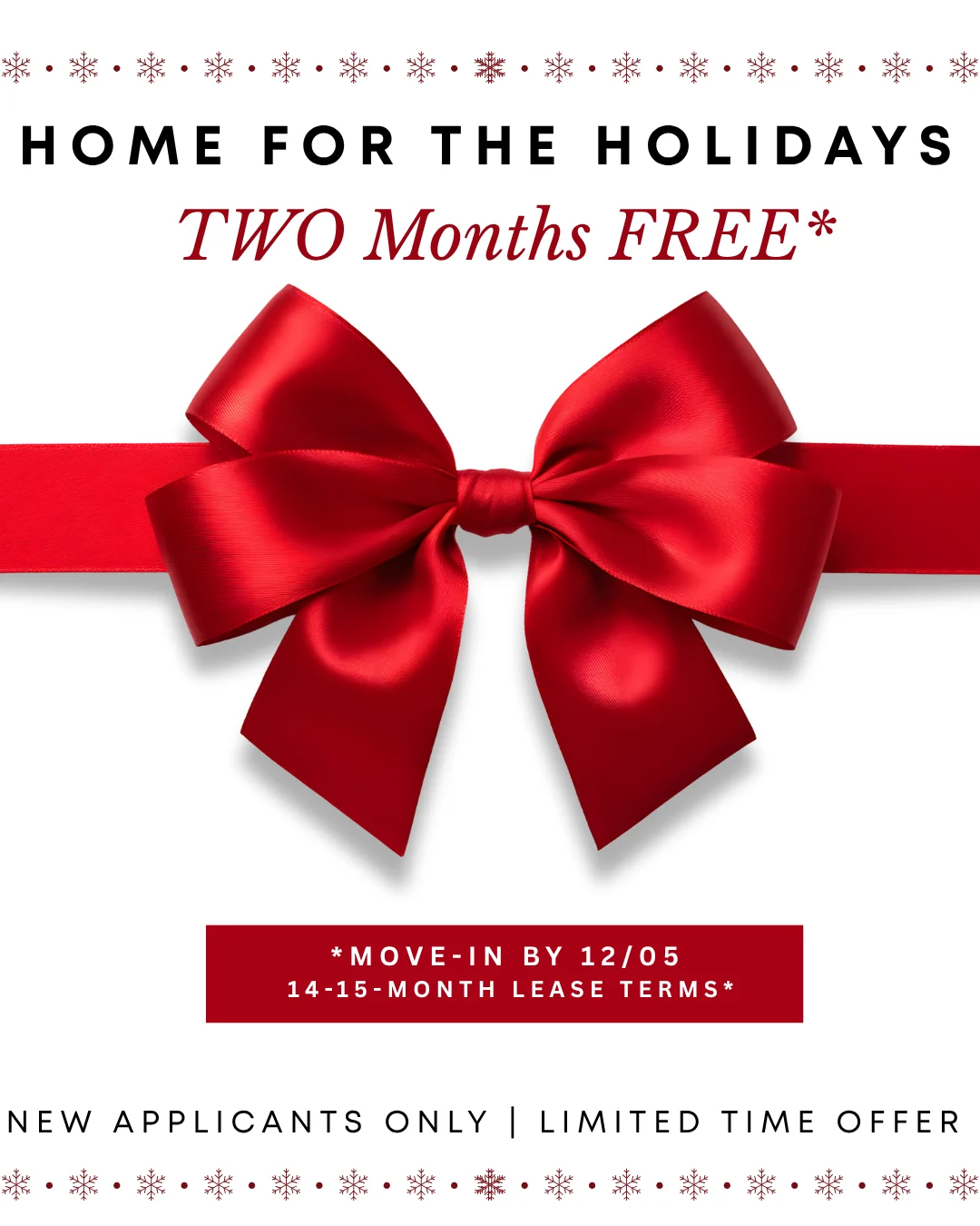Promotional flyer for an apartment offer featuring a red bow and holiday-themed text.