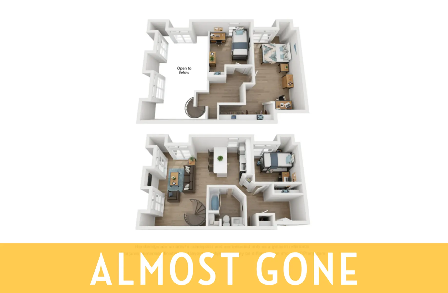 A detailed layout of a two-level apartment showing various rooms including a living area, kitchen, bedrooms, and bathrooms, with a notice at the bottom saying 'Almost Gone'.
