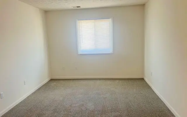 Empty Room with Natural Light A spacious, empty room with light-colored walls and carpet. A window with blinds allows natural light to enter.