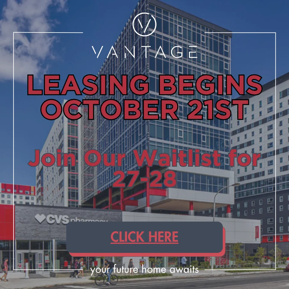Promotional image for Vantage leasing information featuring a modern apartment building with a CVS pharmacy.