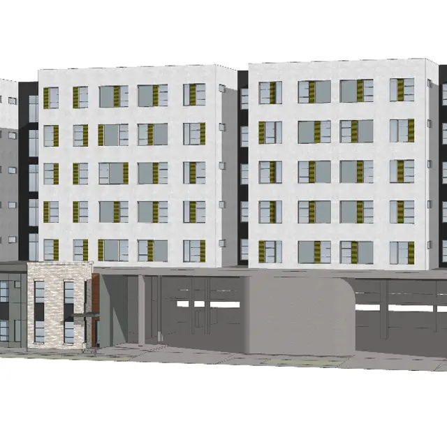 Architectural rendering of a modern multi-story apartment building with retail spaces on the ground floor.