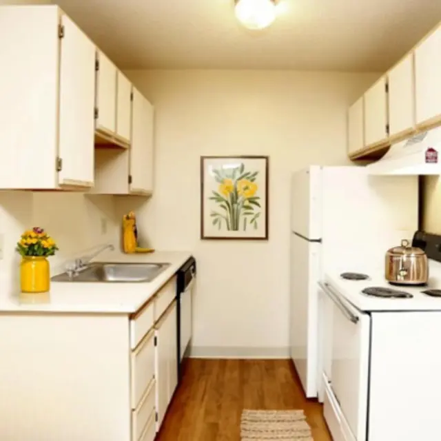 A compact kitchen featuring white cabinets, a sink, a dishwasher, and an electric stove. A kettle sits on the stove, and a vase of flowers is on the counter. A framed floral painting is hanging on the wall.