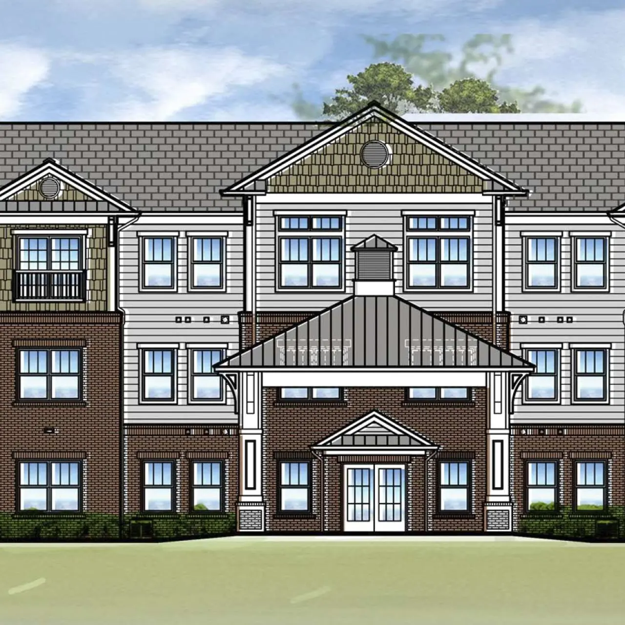 Architectural rendering of a new apartment building featuring multiple stories with a mix of brick and siding.