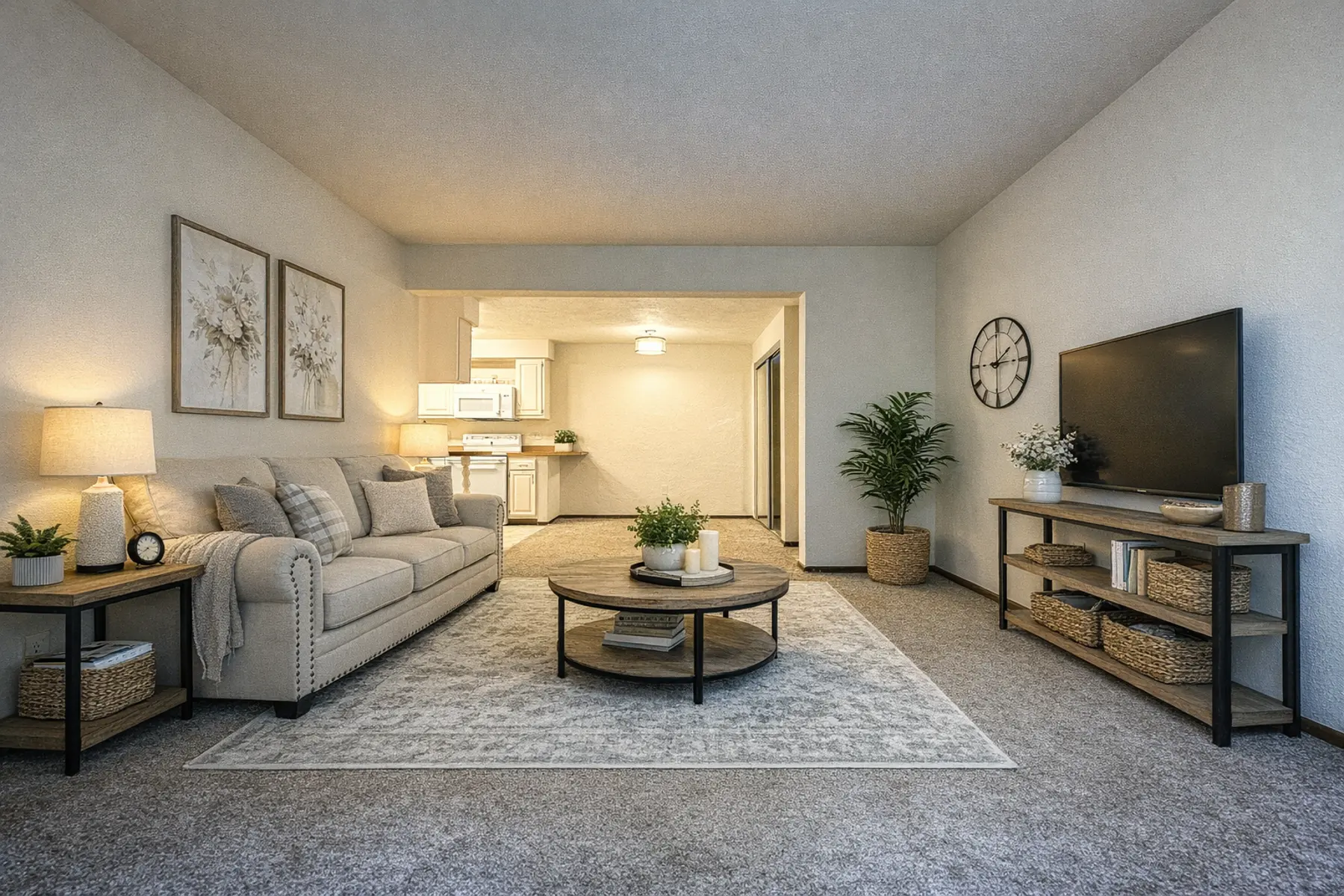 A modern living room featuring a beige couch with decorative pillows, two side tables with lamps, a round coffee table in the center on a patterned rug, and a television on a stand. The walls are light-colored and adorned with framed artwork. A plant and a clock are also visible.