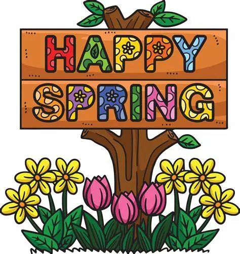 A colorful wooden sign that says 'HAPPY SPRING' is placed on a tree. Surrounding the tree are flowers, including yellow daisies and pink tulips, with lush green leaves accentuating the scene.