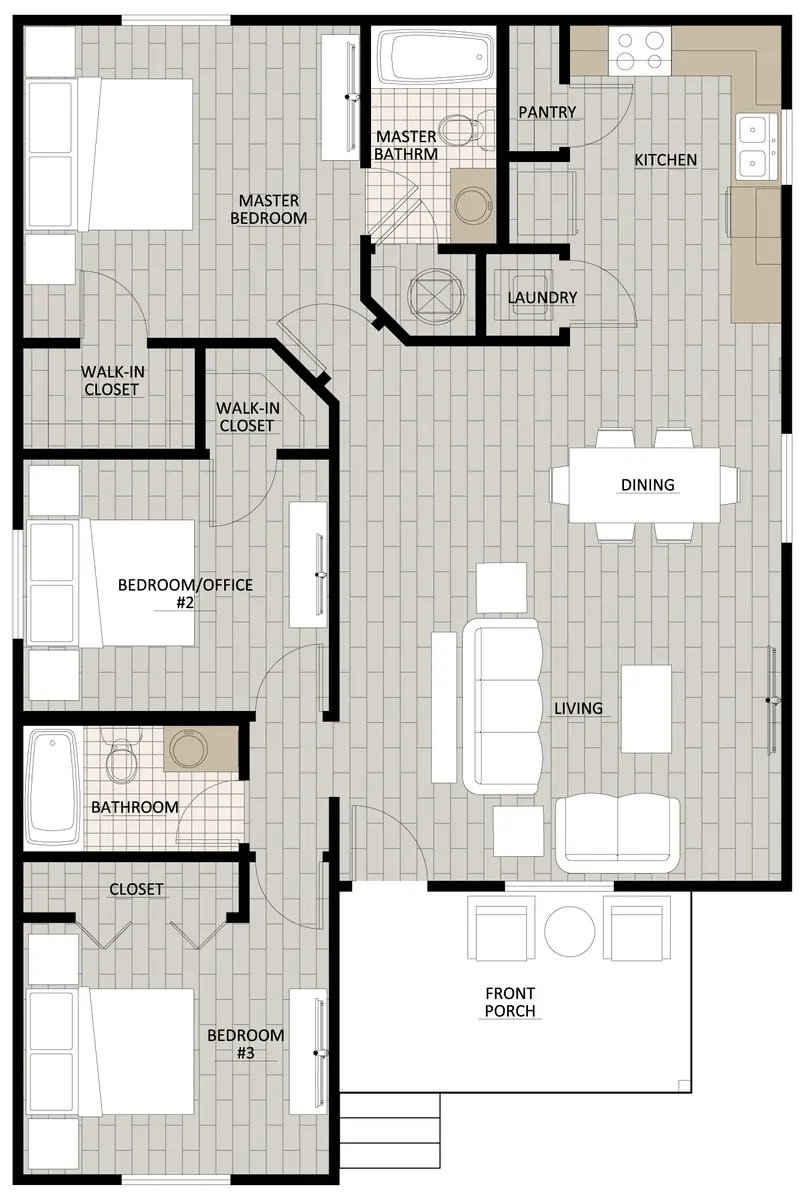 A floor plan of a house layout showing different rooms including a master bedroom, additional bedrooms, bathrooms, a kitchen, pantry, laundry, dining area, living room, and a front porch.
