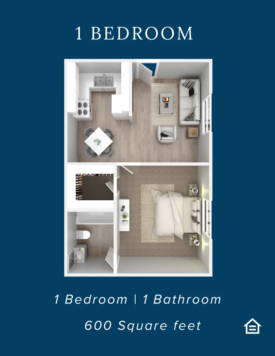 A floor plan of a one-bedroom apartment, showcasing a living area, kitchen, bathroom, and bedroom within a 600 square foot space.