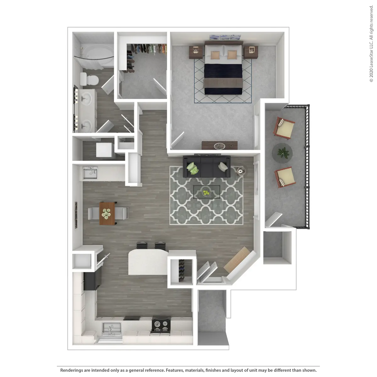A top-down view of a modern apartment floor plan featuring a living room, dining area, kitchen, bedroom, and bathroom. The layout includes furniture placements and a light color scheme.
