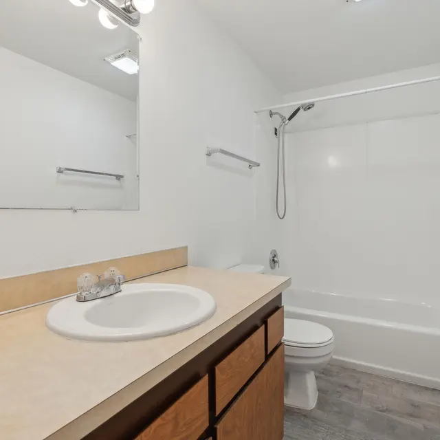 Modern Bathroom Interior A clean and simple bathroom featuring a bathtub with a shower, a toilet, a sink with a countertop, and a large mirror.