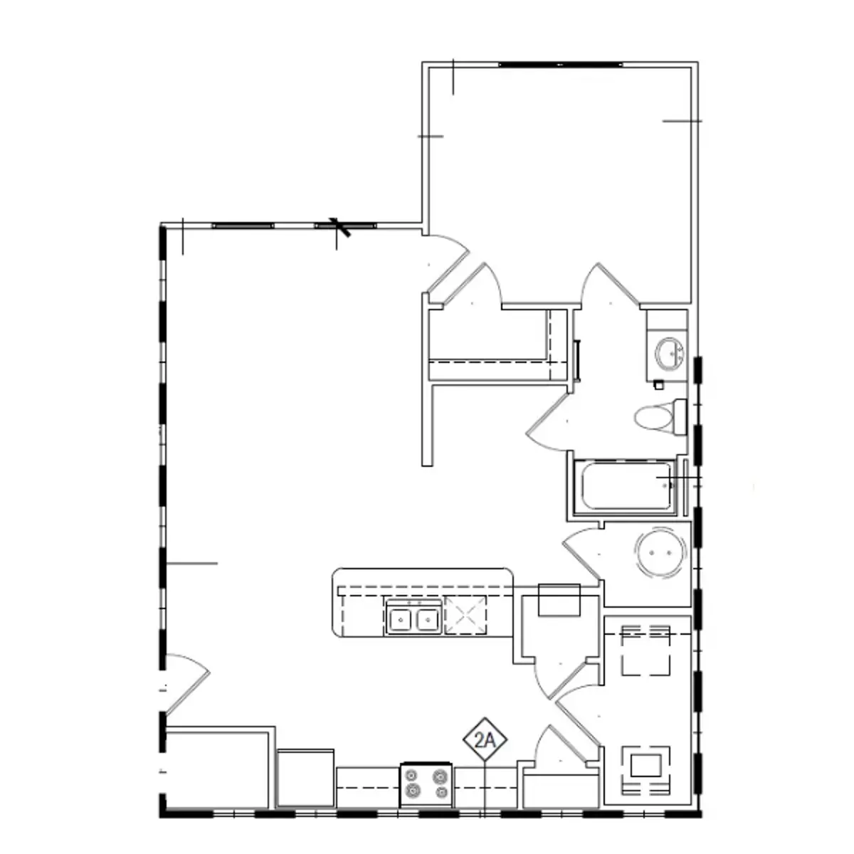A detailed floor plan of a small apartment featuring a kitchen, bathroom, and living area layout.