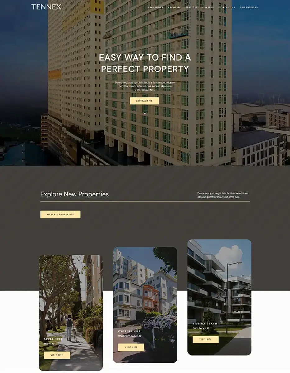 Tennex Property Website A website layout showcasing property listings with an urban backdrop. The header promotes finding perfect properties easily, with a call-to-action button. Below, there are sections to explore new properties, featuring images of cityscapes and modern buildings.