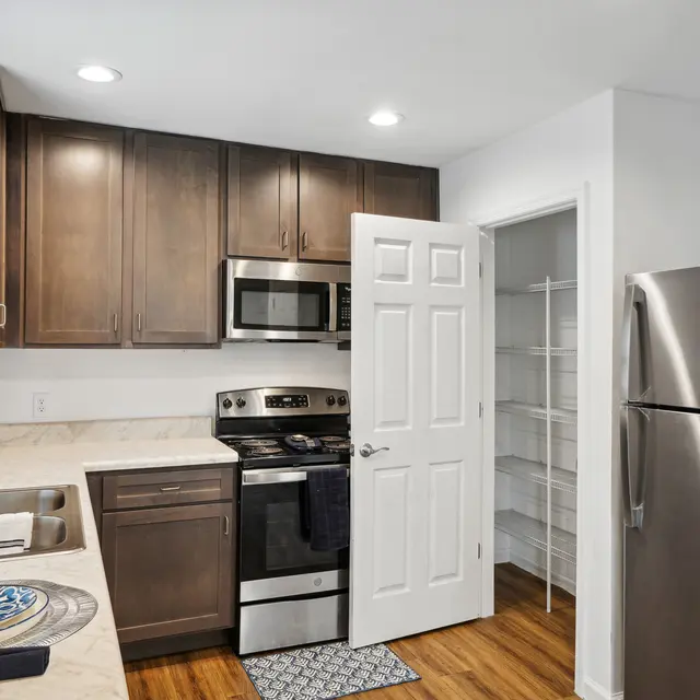 Modern Kitchen Design A modern kitchen featuring dark wood cabinets, stainless steel appliances, and a light countertop. An open pantry with shelving is visible through an open door. There is a stylish kitchen rug and a decorative plate on the counter.