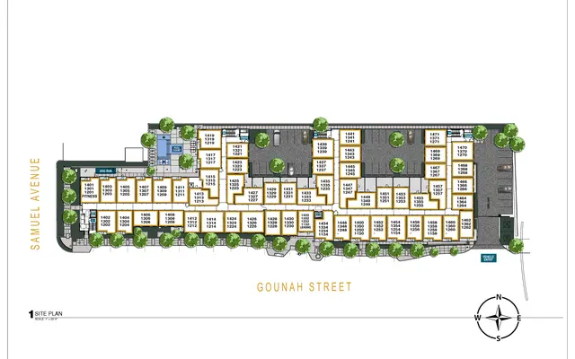 Residential Site Plan Overview A detailed site plan illustrating a residential layout with buildings arranged along Gounah Street and Samuel Avenue, featuring green spaces and parking areas.