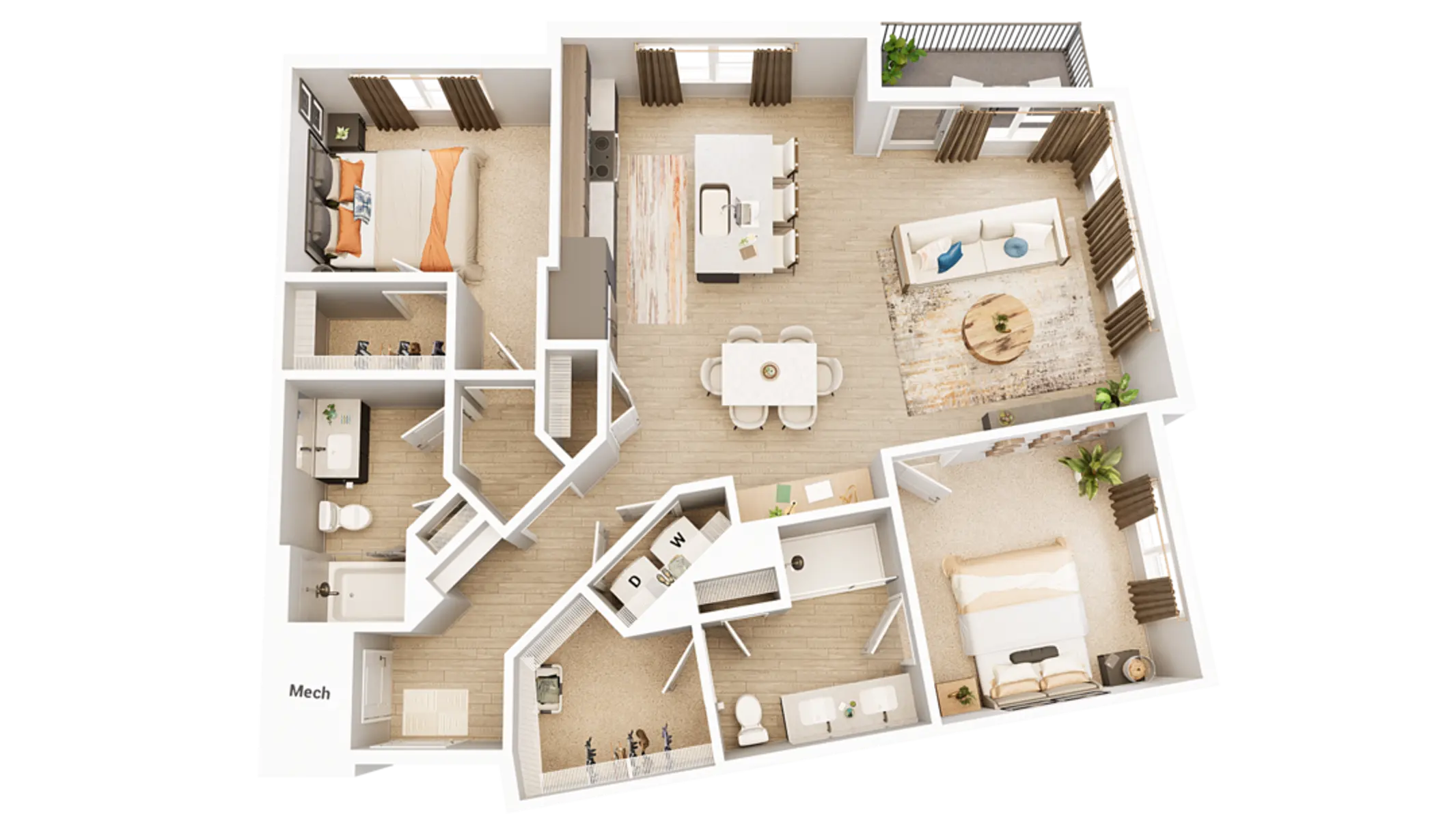 A top-down view of a modern apartment layout featuring various rooms including a living area, dining area, kitchen, bedrooms, and bathrooms.