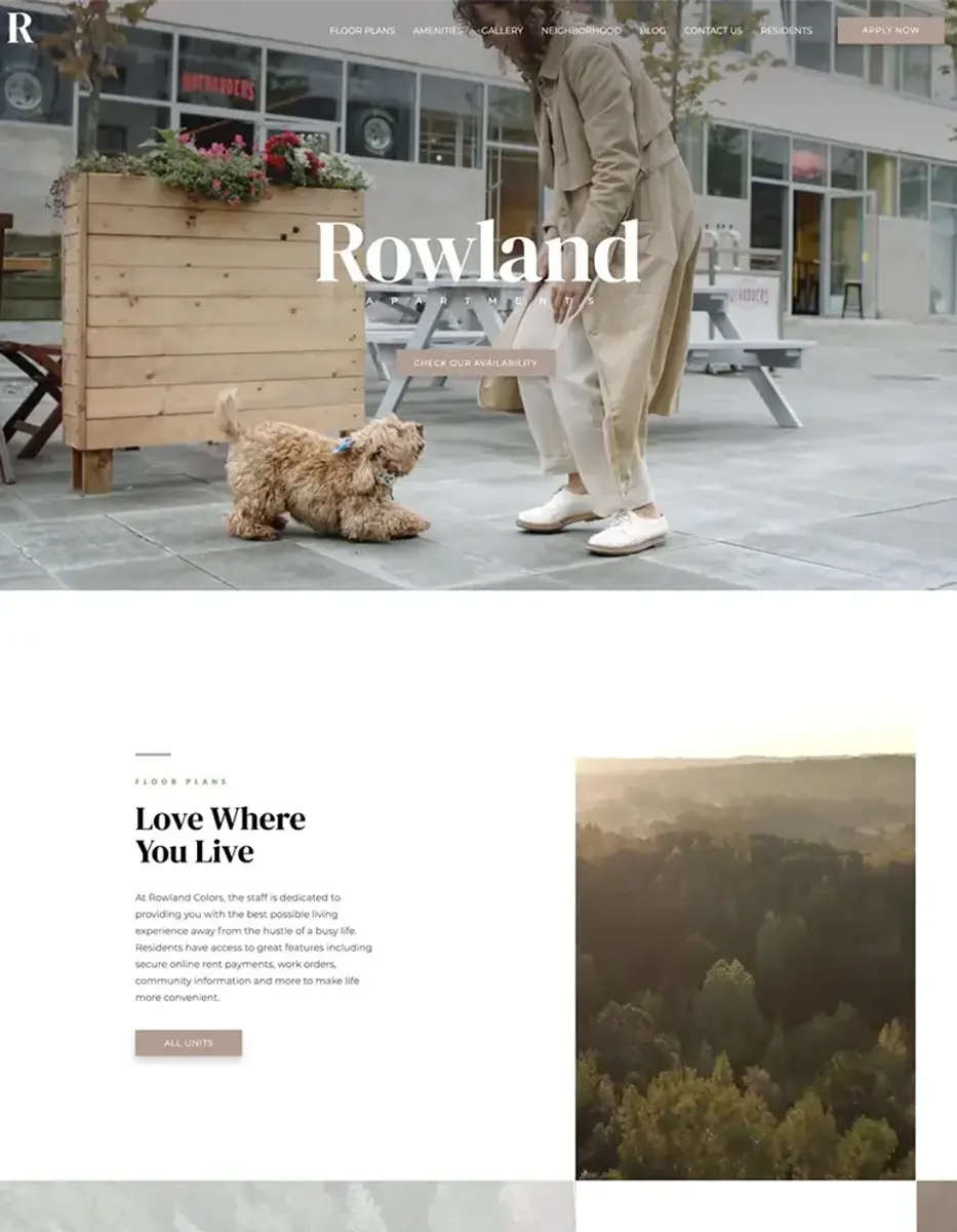 Rowland - Love Where You Live A woman in a beige coat interacts with a small dog outside a modern building with outdoor seating and greenery. The webpage features the title 'Rowland' and a section with text about loving where you live, along with an image of greenery.