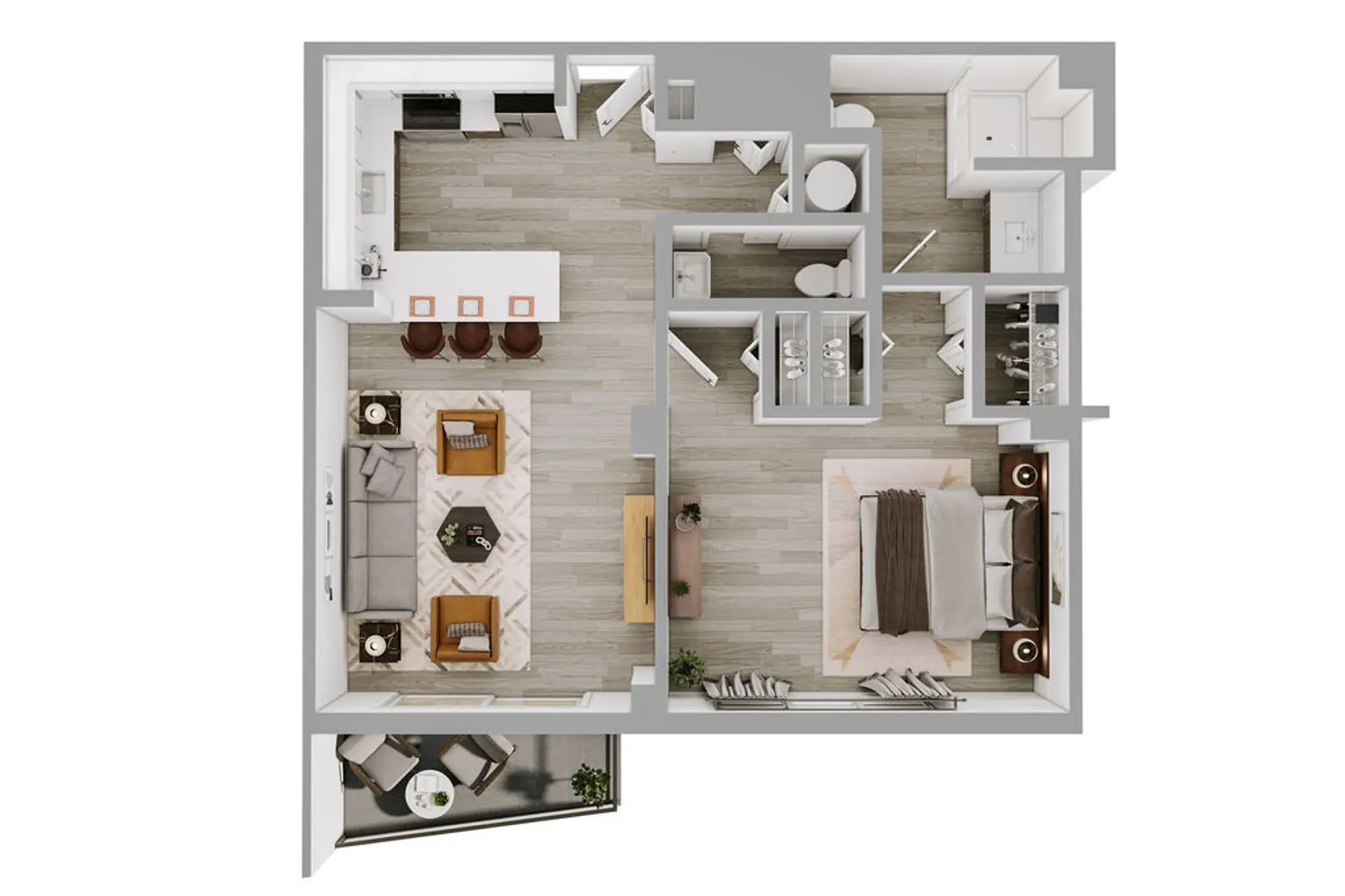 Modern Apartment Floor Plan An overhead view of a modern apartment floor plan featuring a living room, kitchen, bedroom, and bathroom.