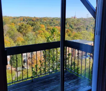 View from a balcony overlooking a forested area with colorful autumn leaves under a clear blue sky.