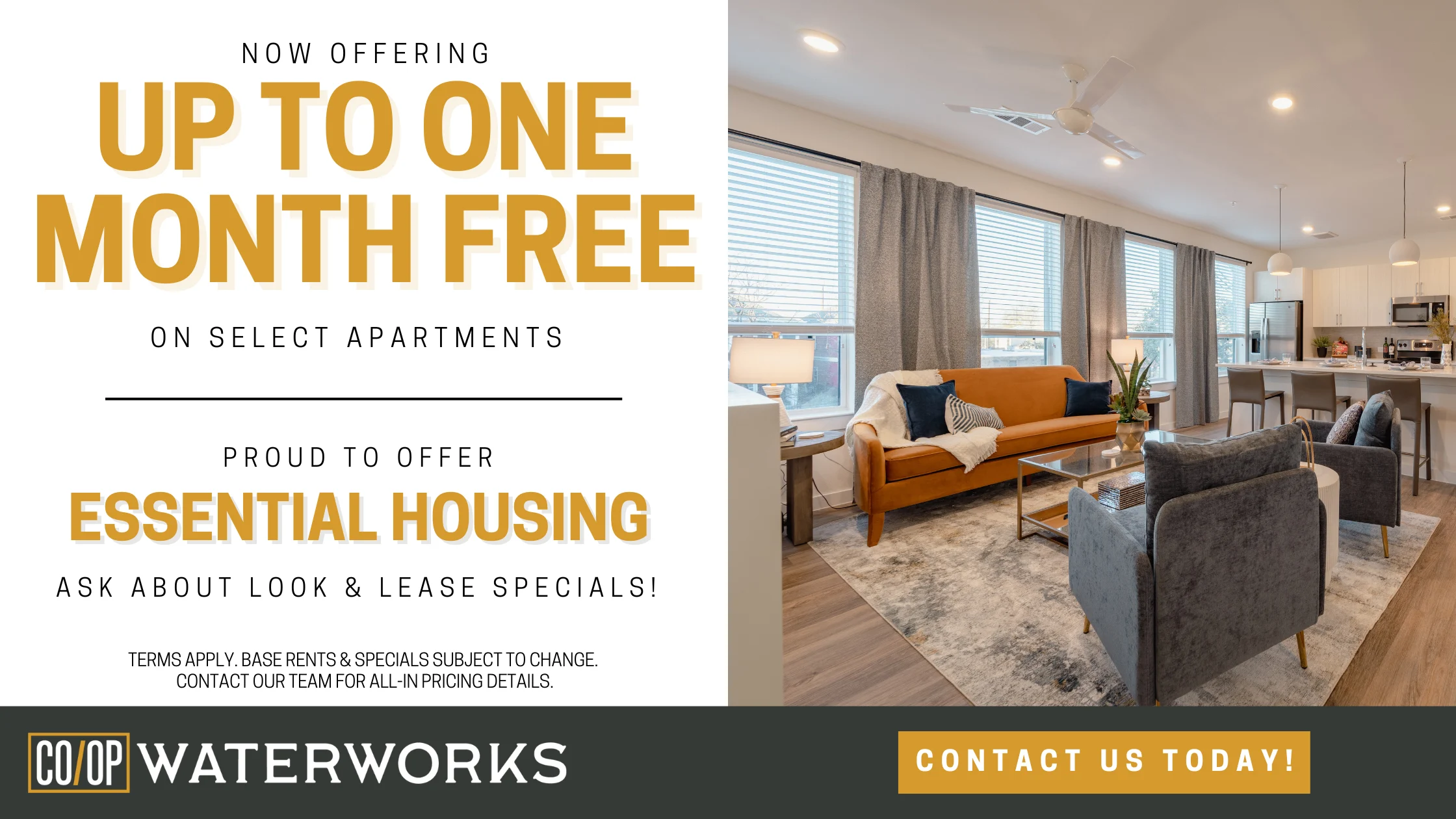 Promotional advertisement for Co-Op Waterworks offering up to one month free on select apartments, featuring a modern living room setup.