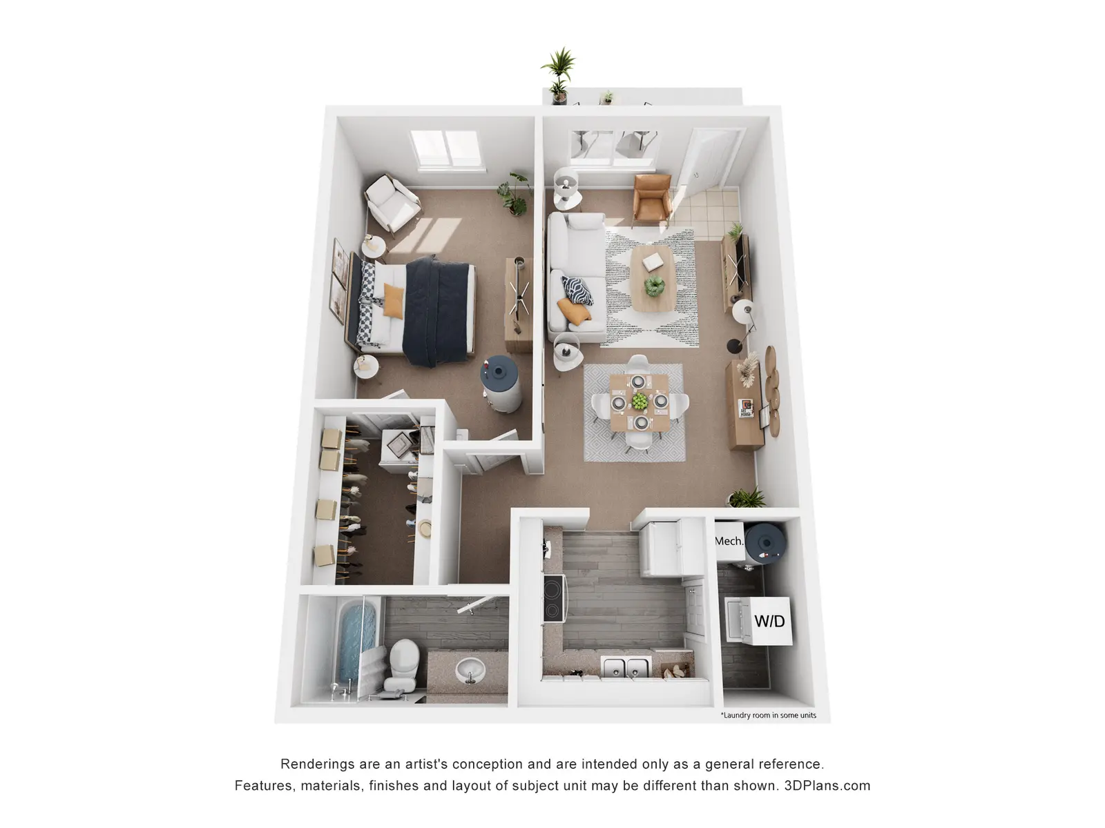 A 3D floor plan of a modern apartment layout featuring a living room, kitchen, bedroom, and bathroom.