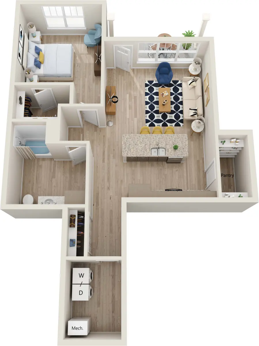 A top-down view of a two-bedroom apartment layout featuring a living area, kitchen, bathroom, and two bedrooms.