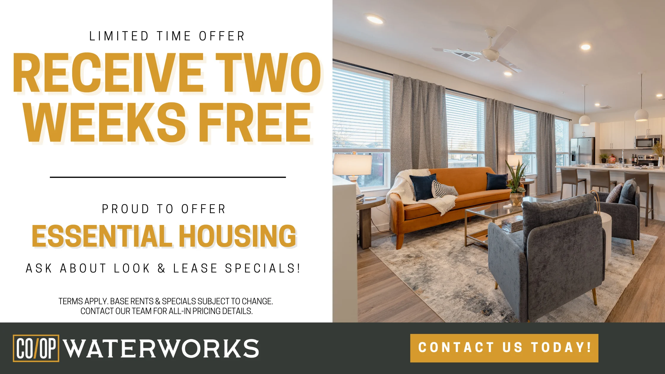 Promotional advertisement for Co-Op Waterworks offering two weeks free housing.