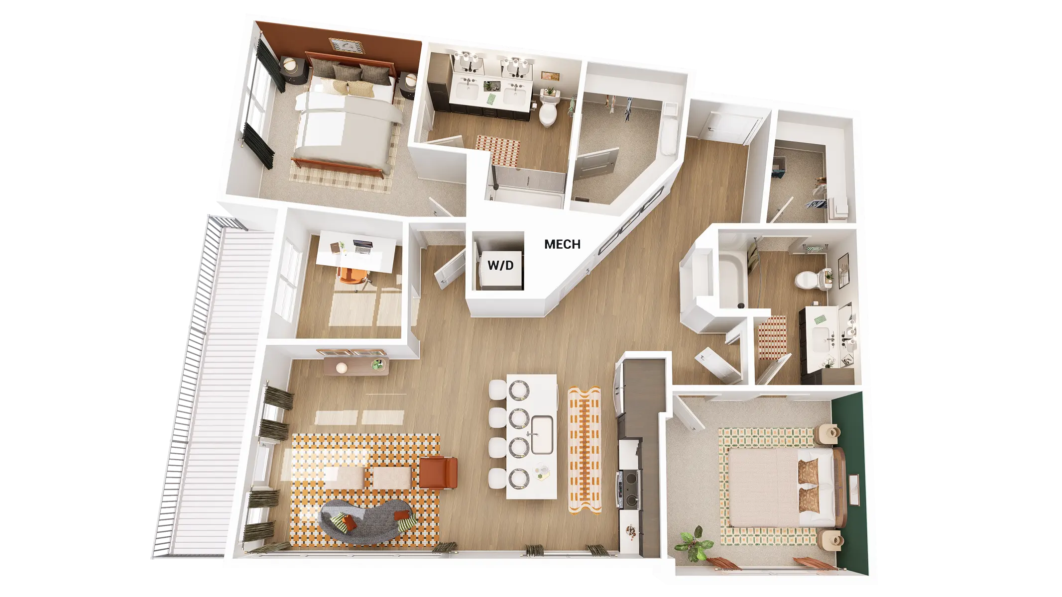 A top-down view of a residential floor plan featuring multiple rooms including a living area, dining space, kitchen, bedrooms, and bathrooms.