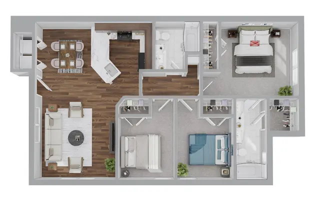 2 Bedroom 2 Bathroom Option 2 Layout of a modern apartment featuring two bedrooms, a living room, dining area, and kitchen.