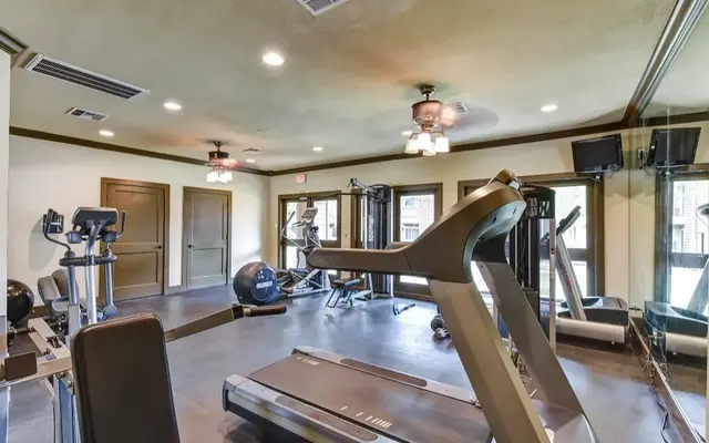 Modern Gym Interior Interior view of a gym featuring exercise machines including a treadmill, stationary bike, and free weights. Large windows offer natural light.