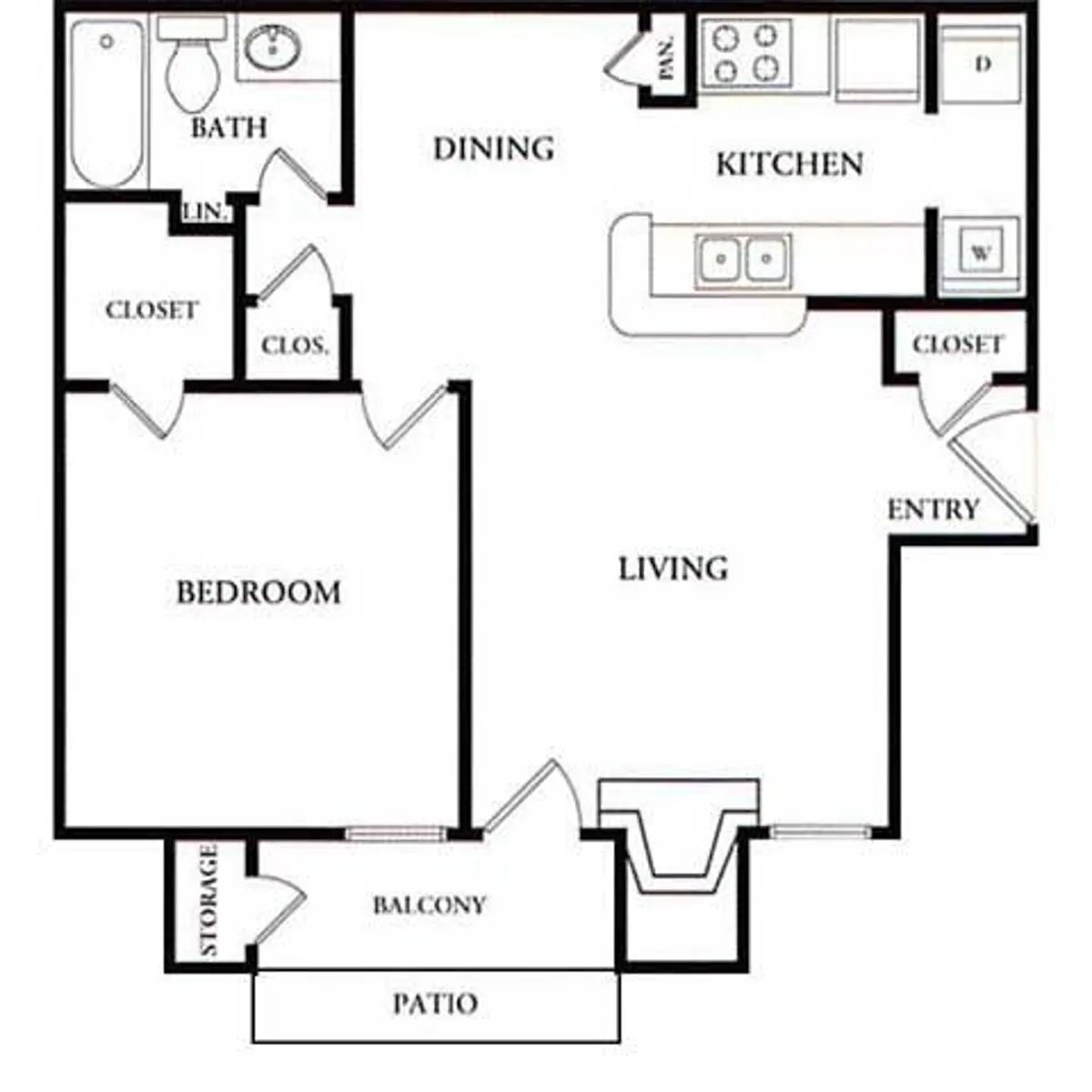 One-Bedroom Apartment Floor Plan A floor plan of a one-bedroom apartment layout, including features like a kitchen, living room, dining area, bathroom, and balcony.