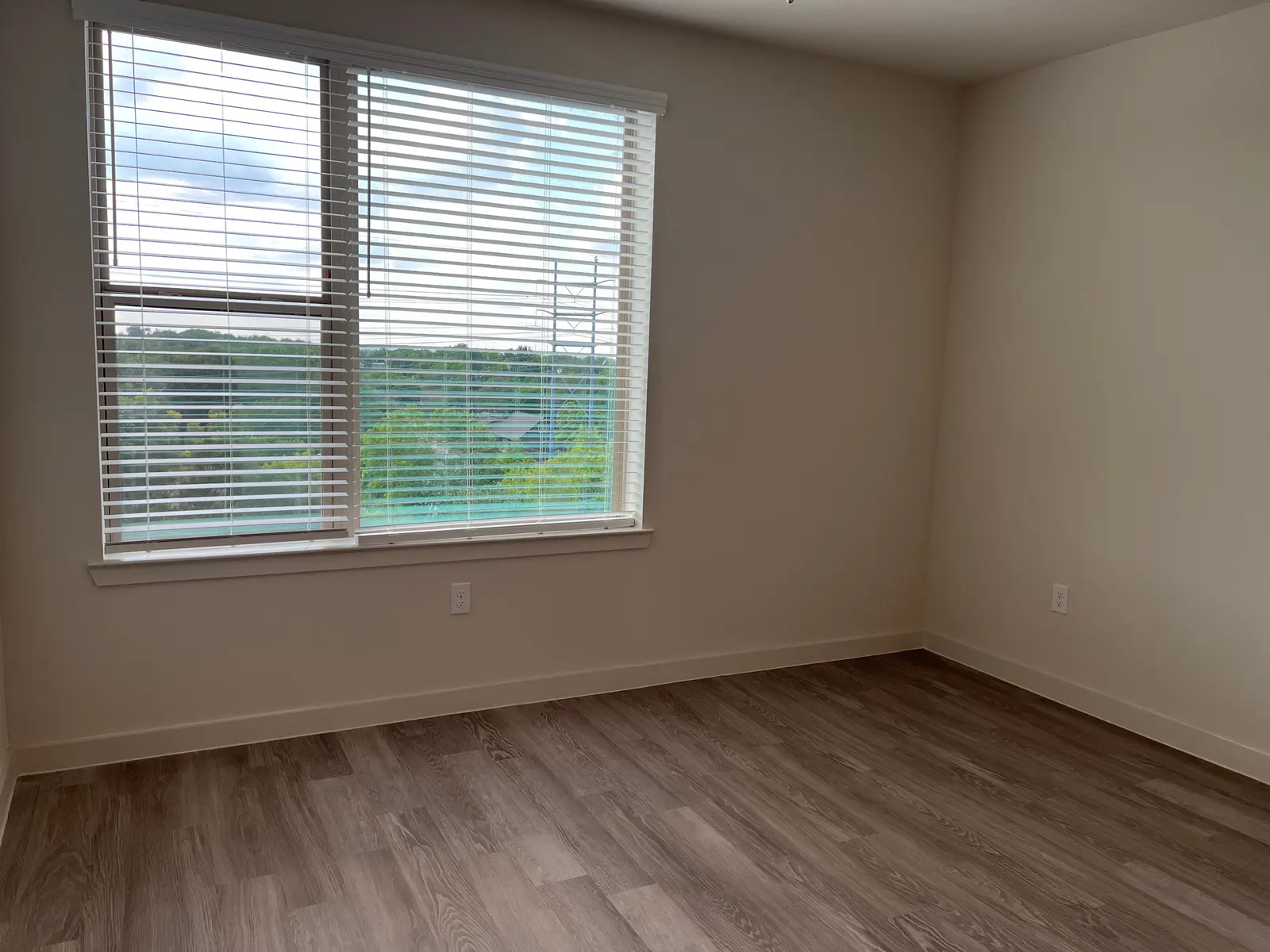 An empty room featuring a window with blinds, looking out onto greenery. The floor is wooden, and the walls are painted a light color.