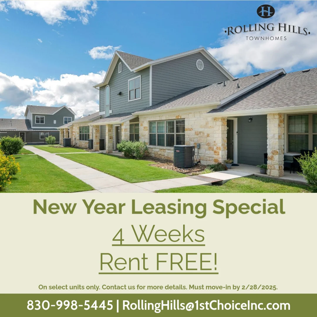 Promotional image for Rolling Hills Townhomes featuring a cozy apartment complex with green grass and blue sky, announcing a New Year leasing special of 4 weeks rent free.