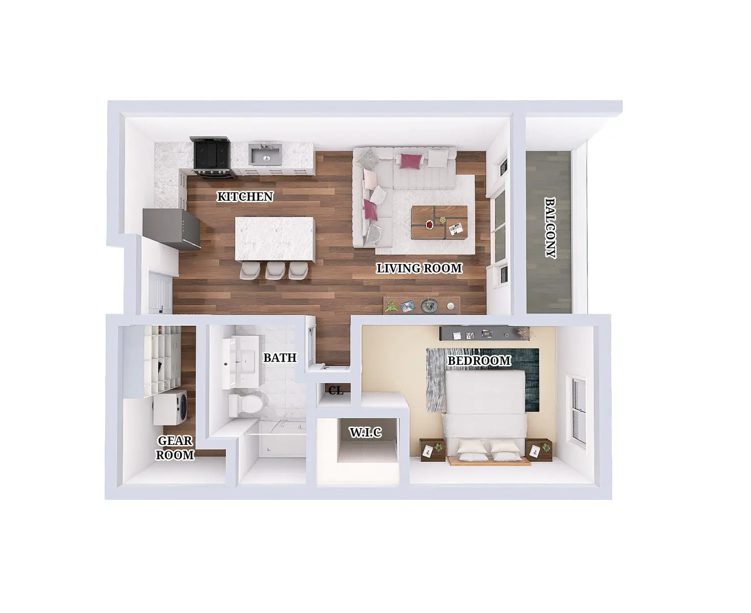 A floor plan of a small apartment showing labeled sections including a kitchen, living room, balcony, bathroom, bedroom, gear room, and walk-in closet.