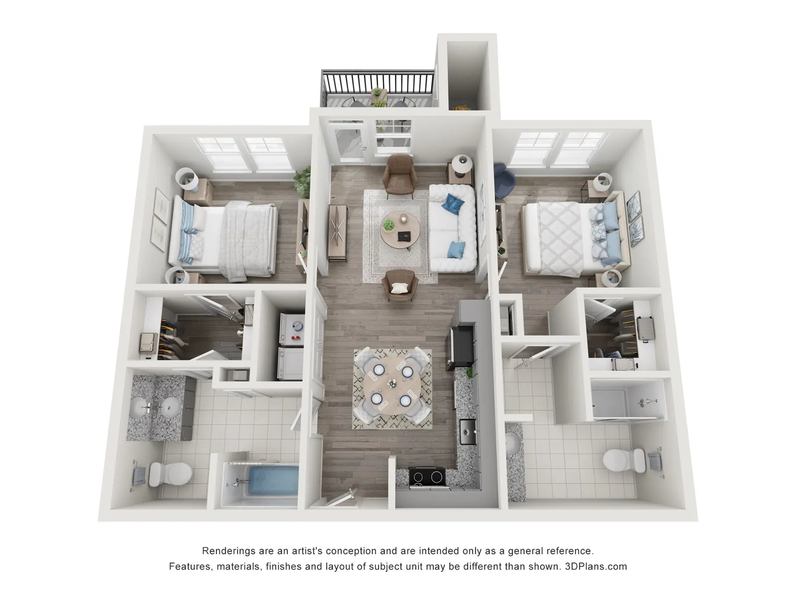 A detailed floor plan of a modern apartment layout showcasing two bedrooms, two bathrooms, and a shared living area with kitchen.