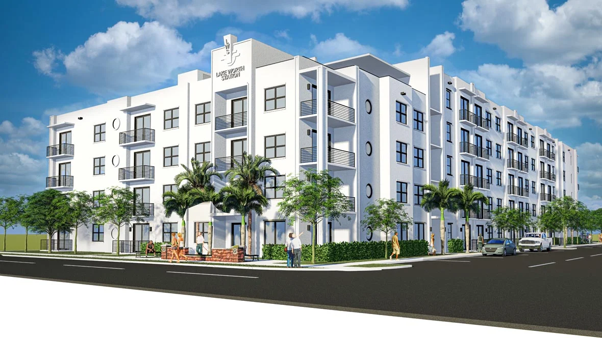 Modern Apartment Building Rendering Rendering of a modern apartment building with a white exterior, large windows, and palm trees in front.