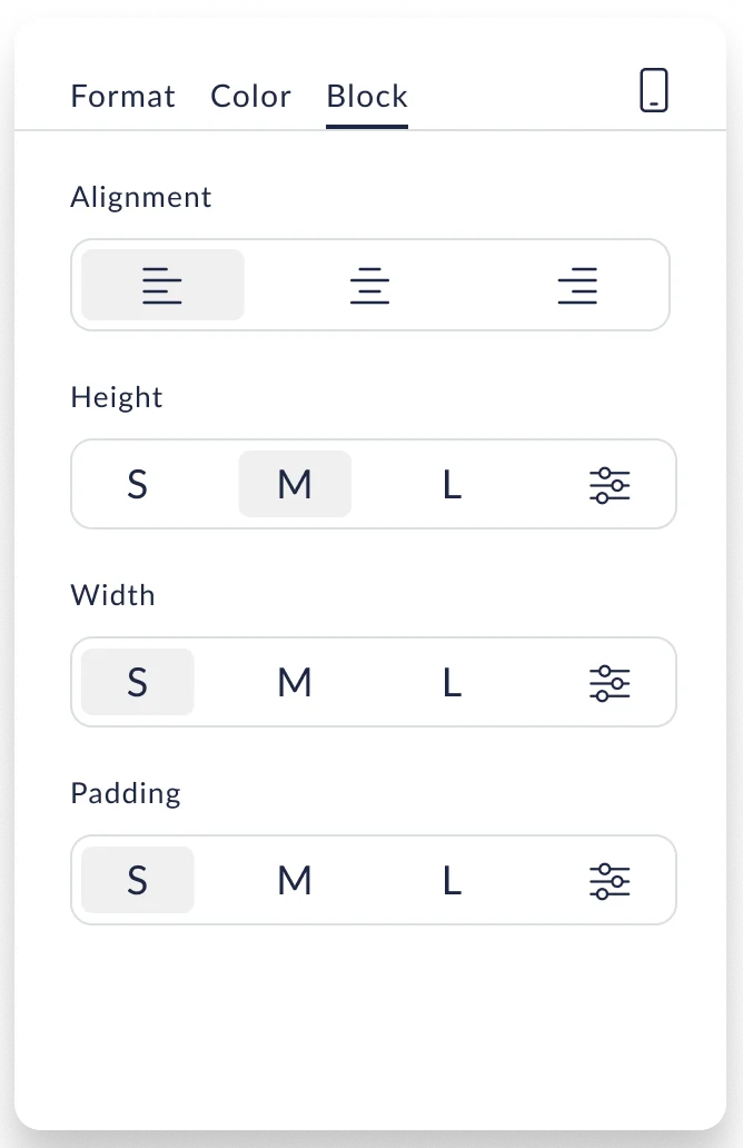 Block Settings Interface A user interface menu displaying block settings options including alignment, height, width, and padding adjustments with small, medium, and large selections.