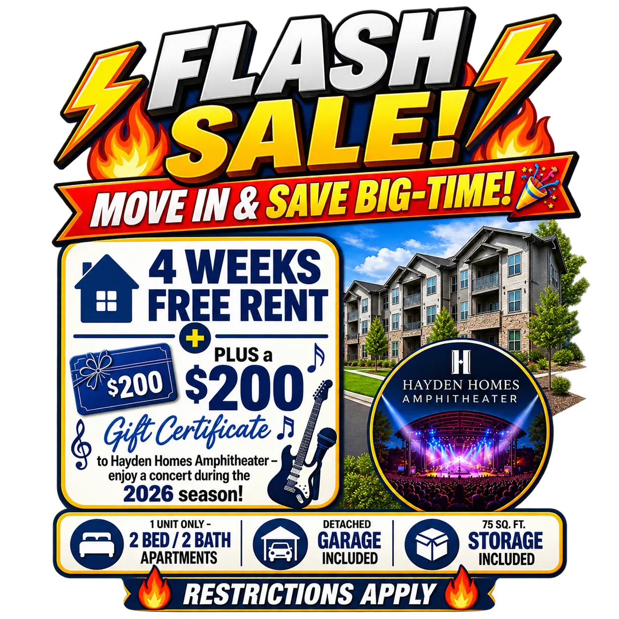 Promotional advertisement for a flash sale on apartment rentals with details on free rent and gift certificate.